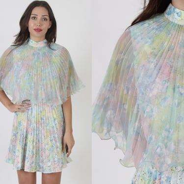 Pastel Color Chiffon Micro Mini Dress / Accordion Pleated Capelet Bodice / Vintagbe 70s Cocktail Party Outfit / Sexy Short Go Go Frock 