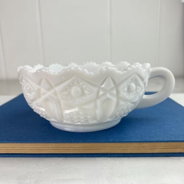Vintage Kemple Milk Glass Nappy Bowl, handled dish, Quintec pattern, for grapes, olives, candies, vintage home decor, collectible 