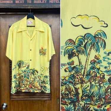 Vintage 1940’s Size XL Eugene Savage Native Feast Style Rayon Border Hawaiian Shirt, 40’s Vintage Clothing 