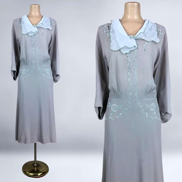 VINTAGE 30s 40s Embroidered Rayon Dress Plus Size 3X 22/24 54B/46W | 1940s 1930s Volup Asymmetrical Collar Dress | VFG 