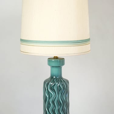 Vintage Blue Ceramic Glazed Wave Lamp with Original Shade 