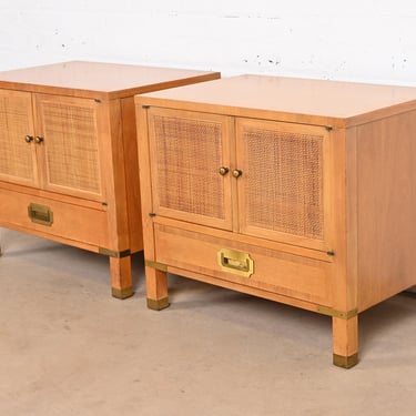 Baker Furniture Mid-Century Campaign Walnut, Cane, and Brass Nightstands, 1960s