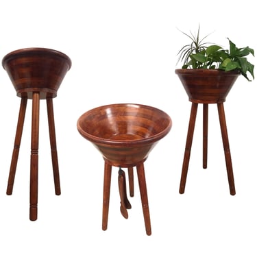 Mid-Century Danish Modern Wood Freestanding Salad Bowl Stand & Utensils | Repurposed Plant Stand | Vintage Japanese Suzuki Large Bowl 