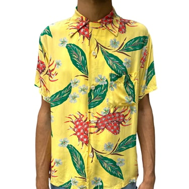 1940S Blocks Yellow Tropical Rayon  Silk Crabs Shirt 