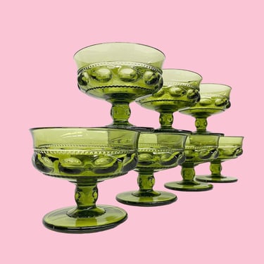 Vintage Champagne Glasses Retro 1960s Mid Century Modern + Indiana Glass + Kings Crown + Avocado Green + Set of 7 + Thumbprint + Sherbet 