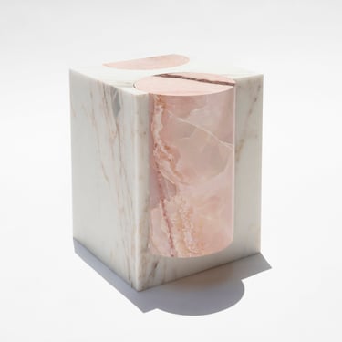Bespoke Golden Calacatta Marble & Pink Onyx Graphic Modern Rectangular Stool/Sidetable