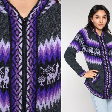 Alpaca Wool Cardigan Y2k Grey Zip Up Hooded Sweater Purple Geometric Aztec Print Knit Hoodie South American Boho Hood Vintage 00s Small S 