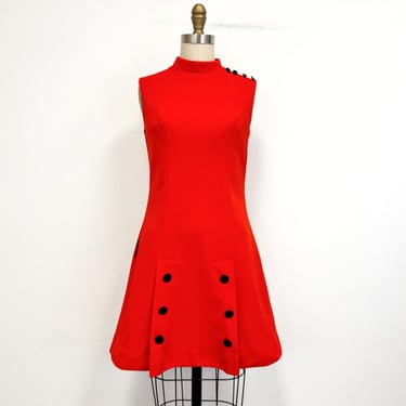 Vintage 60s Mod Dress | Red Mini Dress with Black Shiny Buttons | Size Small 