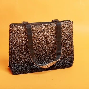 80s Black Gradient Grey Bead Bag Vintage Square Boxy Top Handle Purse 