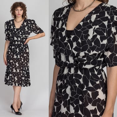 80s Sheer Black & White Leaf Print Dress - Medium | Vintage Secretary Midi Shirtdress 