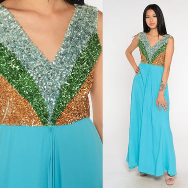 Sequin Party Dress Maxi Party 60s 70s Boho Cocktail Gown Prom Dress 1970s Vintage Formal Sleeveless Turquoise Blue Green Small 4 