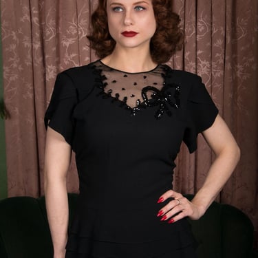 1940s Blouse - Glamorous Black Rayon 40s Cocktail Peplum Blouse with Sheer Mesh Neckline and Shimmering Black Sequins 