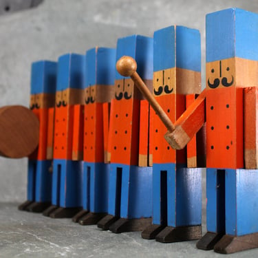 Antique Toy Marching Soldiers | Toy Soldiers | Scandinavian Style Toy Band | Hand Painted with Mustaches | Soldier Band | FREE SHIPPING 