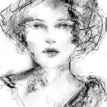 Expressive Female Portrait Painting - Loose Style Mixed Media Portrait - Black and White Art - 8.5x11 inch - Ready to Frame - Charcoal 