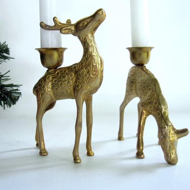 Vintage Brass Deer Candle Stick Holder - Set of 2  Elegant Reindeer Holiday Decor for Mantels and Tables 