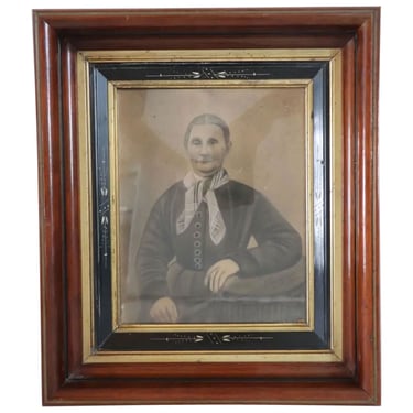 1870's Antique American Signed Charcoal on Paper Drawing, Portrait of a Lady Shaddowbox Eastlake Frame 