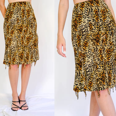 Vintage 90s ESCADA Leopard Print Silk Godet Skirt w/ Triangle Ruffle Hemline | Made in Germany | 100% Silk | 1990s Designer Leopard Skirt 