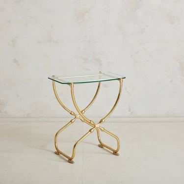 Brass X-Base Side Table with Glass Top, Italy 1960s