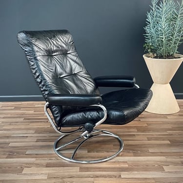 Ekornes Stressless Black Leather & Chrome Reclining Swivel Lounge Chair 