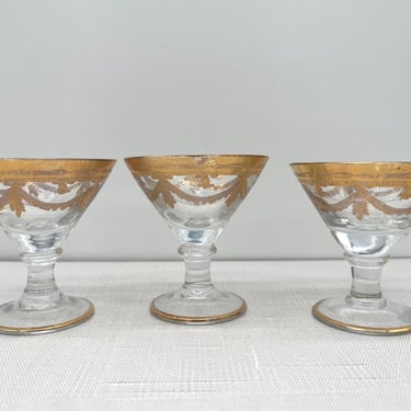 Set of 3 Cristal T. Murano Gilded Gold Glass Cordials Aperitif | Vintage Italian Glass, Cocktail  Glasses 