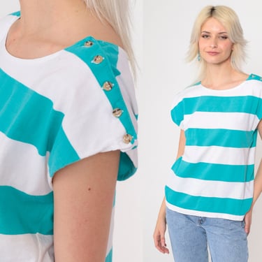 80s 90s Striped Shirt Cap Sleeve T-Shirt Turquoise Blue White Retro Top Basic Casual Blouse Button Shoulder Tshirt Vintage 1990s Small S 