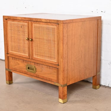 Baker Furniture Mid-Century Campaign Walnut, Cane, and Brass Nightstand, 1960s