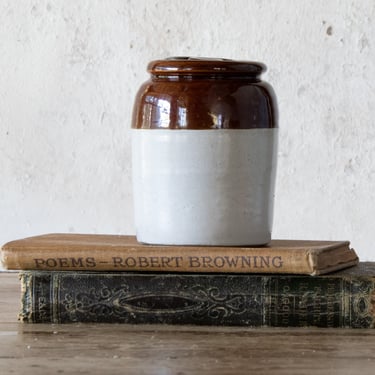 Tiny Brown Dipped Lidded Pot, Small Vintage Pottery Crock 