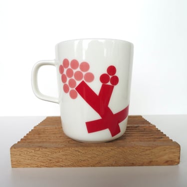 Vintage Marimekko Oiva Ceramic Hortensie Red Mug, Scandinavian Hydrangea Coffee Cup By Carina Seth-Anderson 