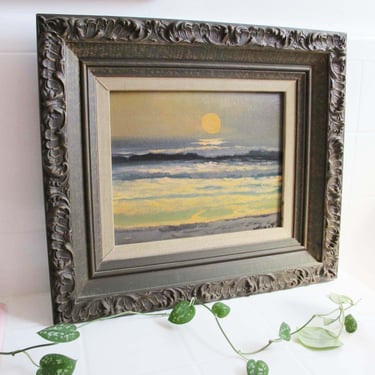 Vintage Moonrise Over Ocean Signed Wood Framed Painting - 1970s Romantic Full Moon over Night Seascape Acrylic Wall Art Carved Wood Frame 