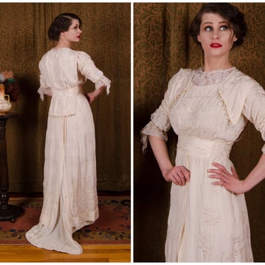 Edwardian Dress - Exquisite c. 1912 Authentic Silk Titanic Era Wedding Dress with Rose Embroidery Throughout and Squared Train 