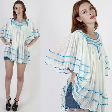 Teal Mexican Gauze Tunic, Aqua Kimono Sleeve Cotton Blouse, Lightweight Sheer See Through Top, Turquoise Airy Crochet Angel Beach Top 