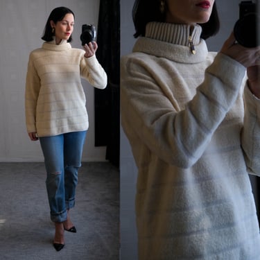 Vintage 90s ESCADA Ivory Cashmere Blend Stripe Knit Hidden Zip Turtleneck Sweater Unworn w/ Tags | Made in Italy | 1990s Designer Sweater 