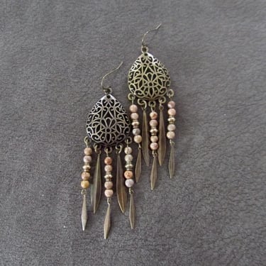 Tiger jasper long bohemian chandelier earrings, bronze 