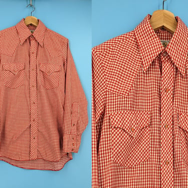 Vintage 70s Men's Red Gingham Long Sleeve Western Pearl Snap Shirt - Seventies Collared Men's Medium / Large Shirt 