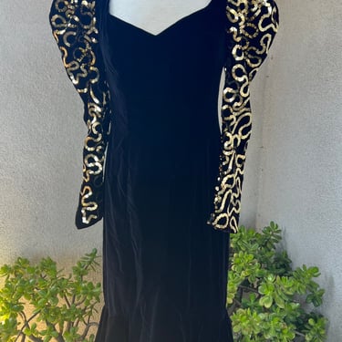 Vintage 80s bold black velvet dress gold sequins puffy sleeves Sz XS by Dave & Johnny 