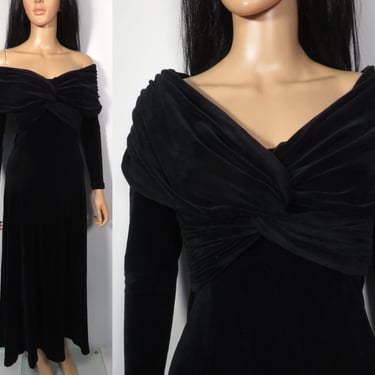 Vintage 90s Black Velvet Off Shoulder Strechy Maxi Dress Made In USA Size S/M 