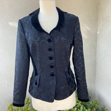 Vintage Escada glamorous black short evening jacket brocade style velvet trim lined pockets sz 35 Medium 