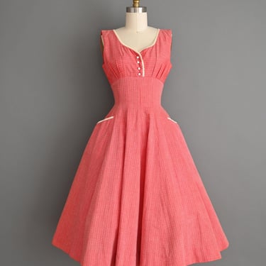 Vintage 1950s Dress | Helen Whiting Red Textured Cotton Sweeping Full Skirt Dress | Small 