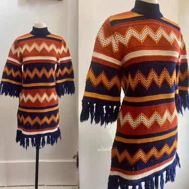Vintage 60's 70's Knit SWEATER Dress / Oversized Nordic Pattern FRINGED Edges + Bell Sleeves / Apres SKI / Jack Winter 