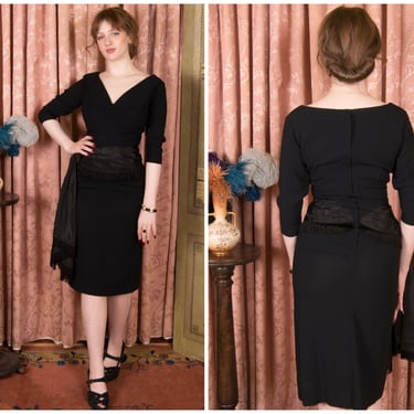 1950s Dress - Killer Vintage 50s Black Rayon Wiggle Dress with Pleated, Fringed Hip Sash 