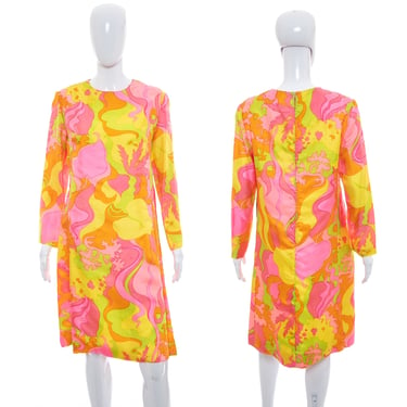 1960's Nicki Quinn Pink and Multicolor Psychedelic Print Dress Size XL