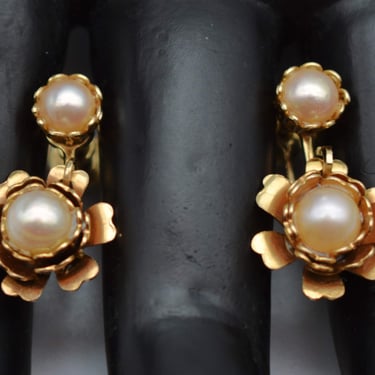 60's genuine pearls gold plate flower screw backs, elegant mid-century floral dangle earrings 
