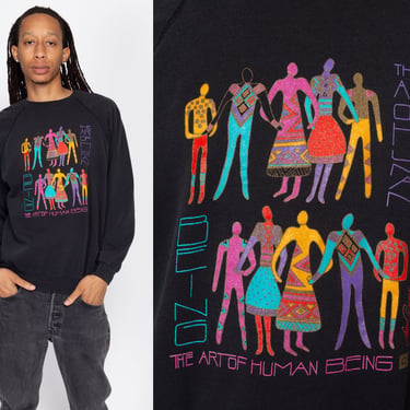 Large 90s Laurel Burch Art Of Human Being Sweatshirt | Vintage Black Raglan Sleeve Colorful Graphic Print Crewneck 