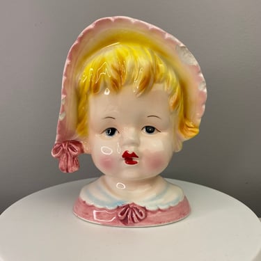 Relpo Girl w/Bonnet 6744 Pink Baby Planter Vase | Head Vase Planter | Blonde Hair Baby Girl | Nursery Vase Japan 1960s Vintage 