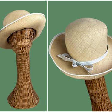 PANAMA Vintage 60s Lightweight Handwoven Straw Hat with White Brim & Bow | 1960s Hand Made Sun Hat, Cloche, Made in Ecuador 