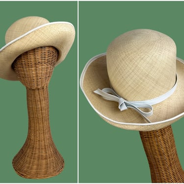 PANAMA Vintage 60s Lightweight Handwoven Straw Hat with White Brim & Bow | 1960s Hand Made Sun Hat, Cloche, Made in Ecuador 