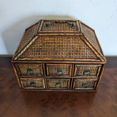 Vintage Wooden Strawed Folk Art Storage Box 