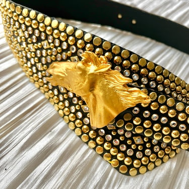 FABULOUS Studded Leather Belt, Sculptural Horse Head Buckle, Glitzy Rhinestones, Beaded Beaded Embellished, Wide, Vintage Accessory 