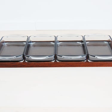 Danish Modern Laurids Lonborg Teak Rectangular Serving Tray with 4 Smoke Gray Glass Dishes Made in Denmark 