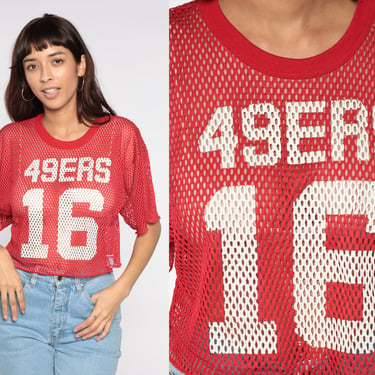 San Francisco 49ers Shirt Mesh Crop Top SF 16 Football Jersey 90s Sheer Tshirt Vintage Cut Out Top Cropped Red CA Sportswear Retro Medium M 
